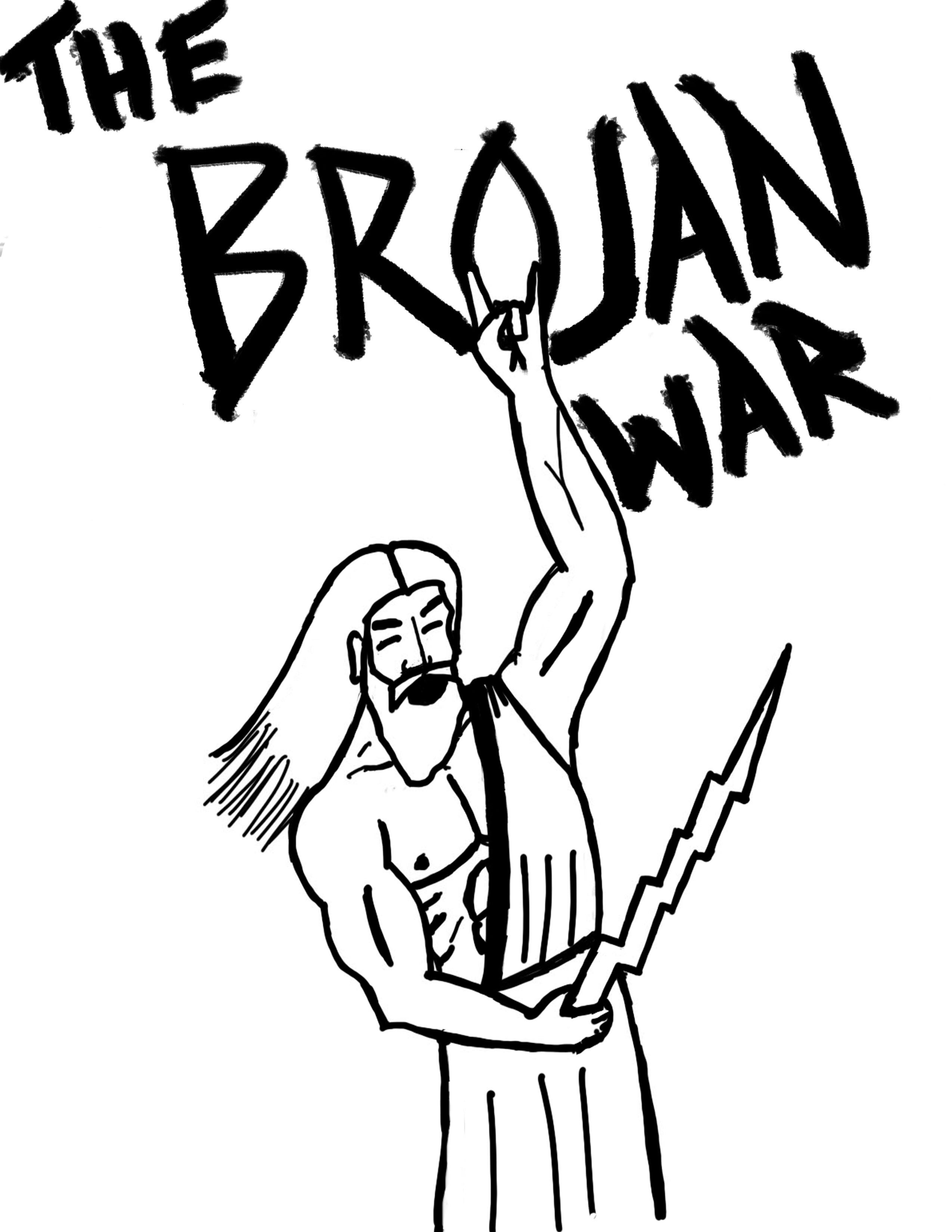 The Brojan War title with warrior holding lightning bolt